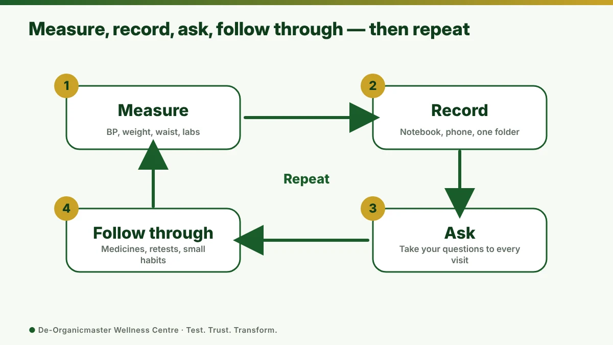 A four-step cycle: measure, record, ask, follow through